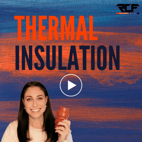 RCF Technologies Thermal Insulation Thumbnail. Paulie Rose holding Rishon Insulation. Orange and Blue background